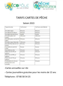 Tarifs cartes de pêche 2023 Ecopôle du Val d'Allier